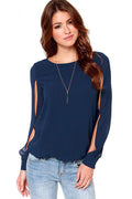 Women's Round Neck Stylish long Sleeves Hollow Out Lilac Shirt Navy