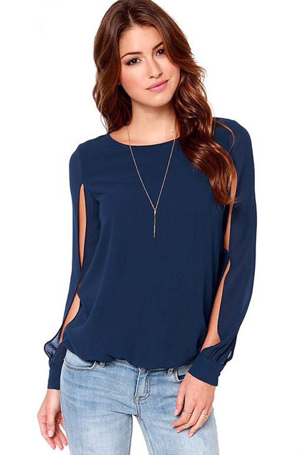 Women's Round Neck Stylish long Sleeves Hollow Out Lilac Shirt Navy