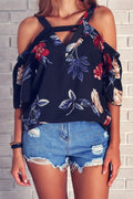 Women Cold Shoulder Floral Chiffon Top
