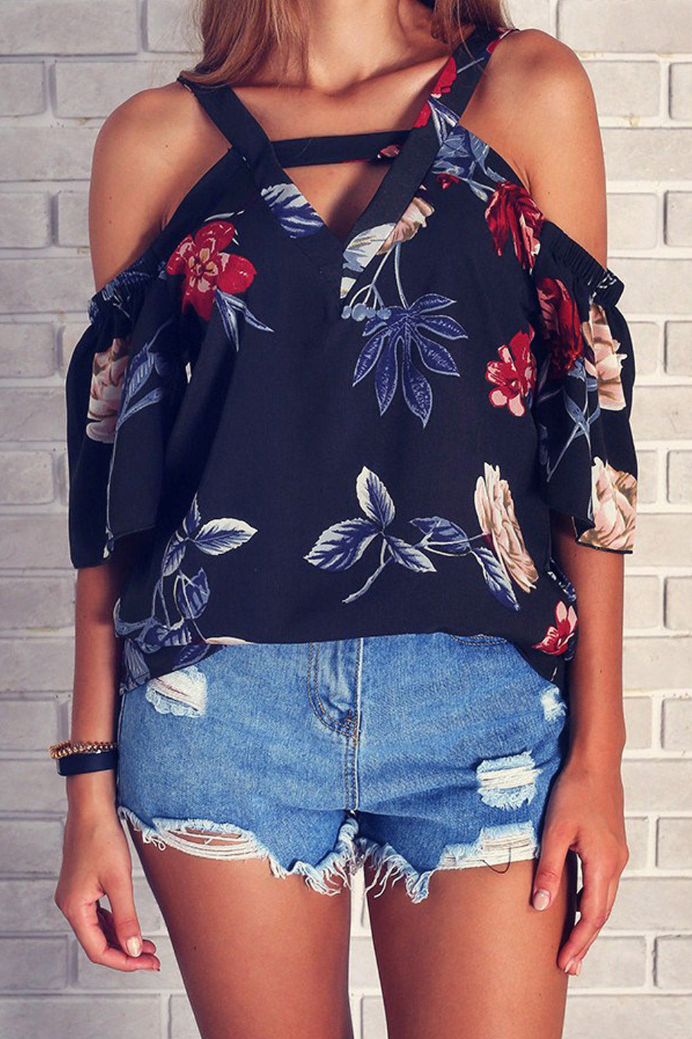 Women Cold Shoulder Floral Chiffon Top