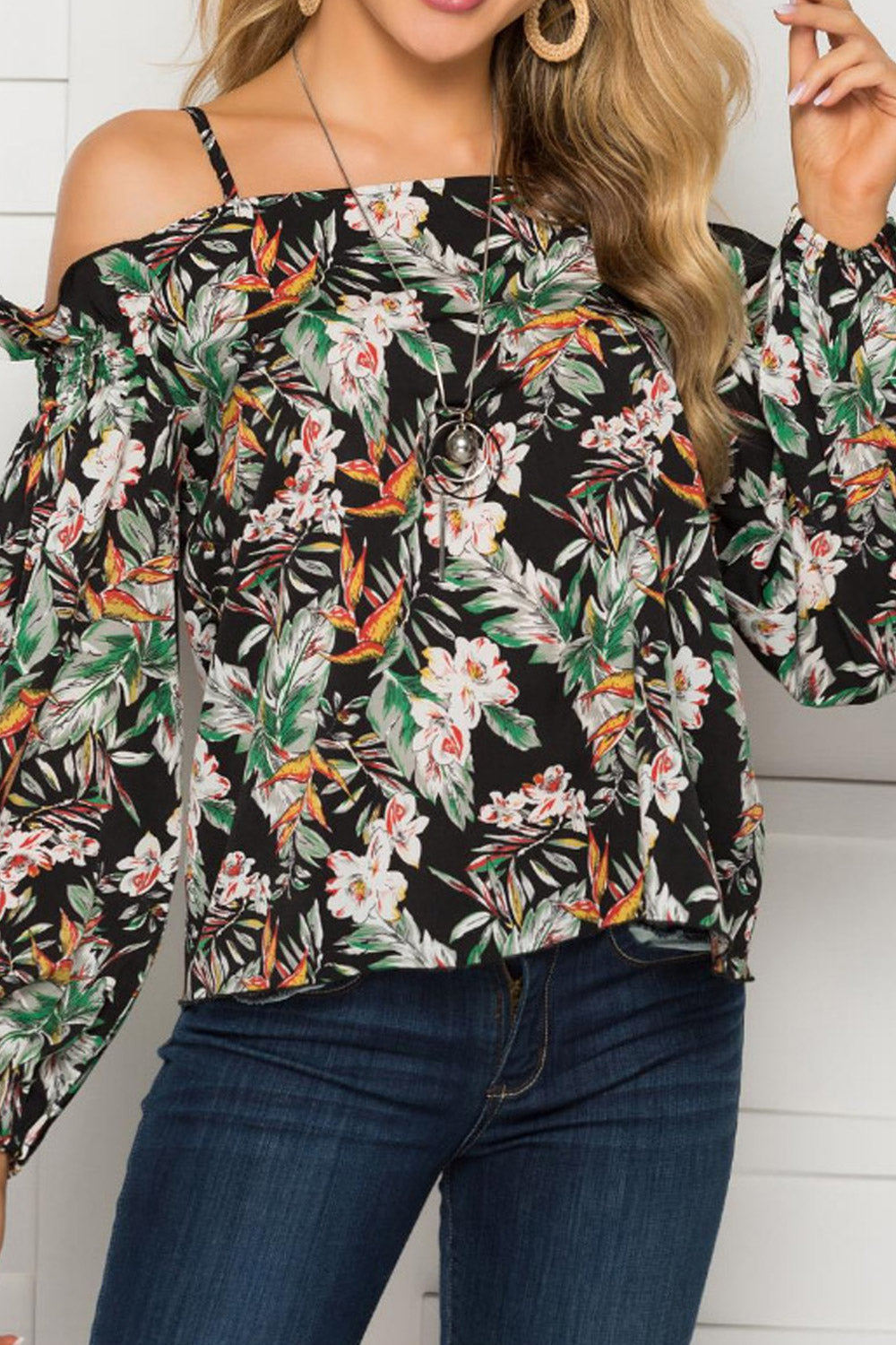 Women Strap Neck Printed Cold Shoulder Blouse