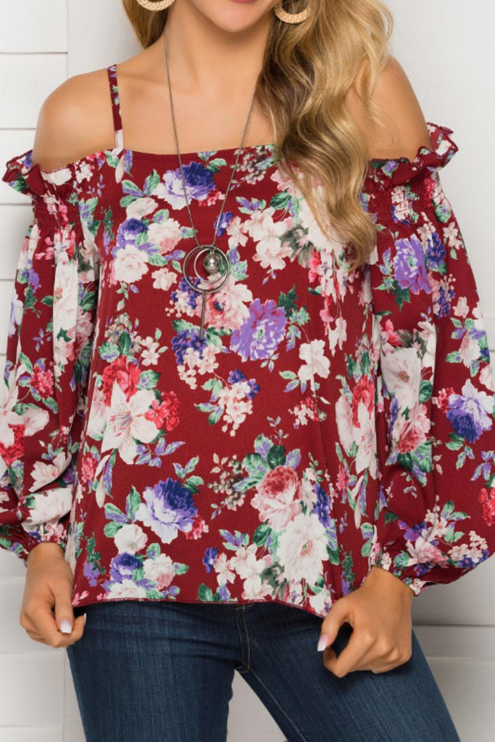 Women Strap Neck Printed Cold Shoulder Blouse
