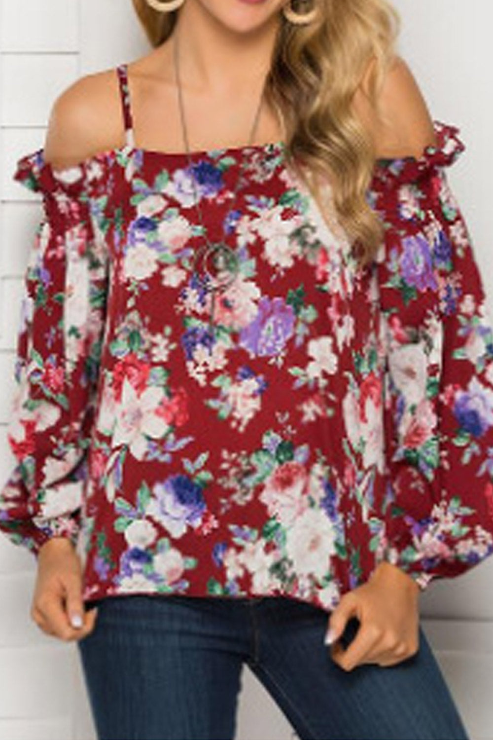 Women Strap Neck Printed Cold Shoulder Blouse