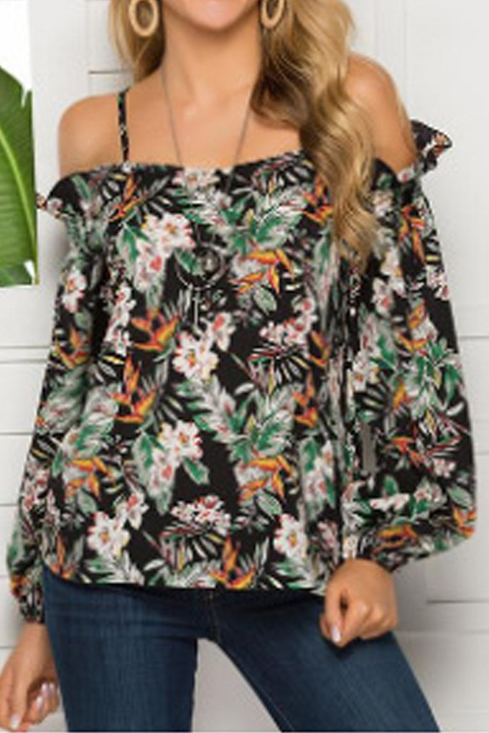 Women Strap Neck Printed Cold Shoulder Blouse