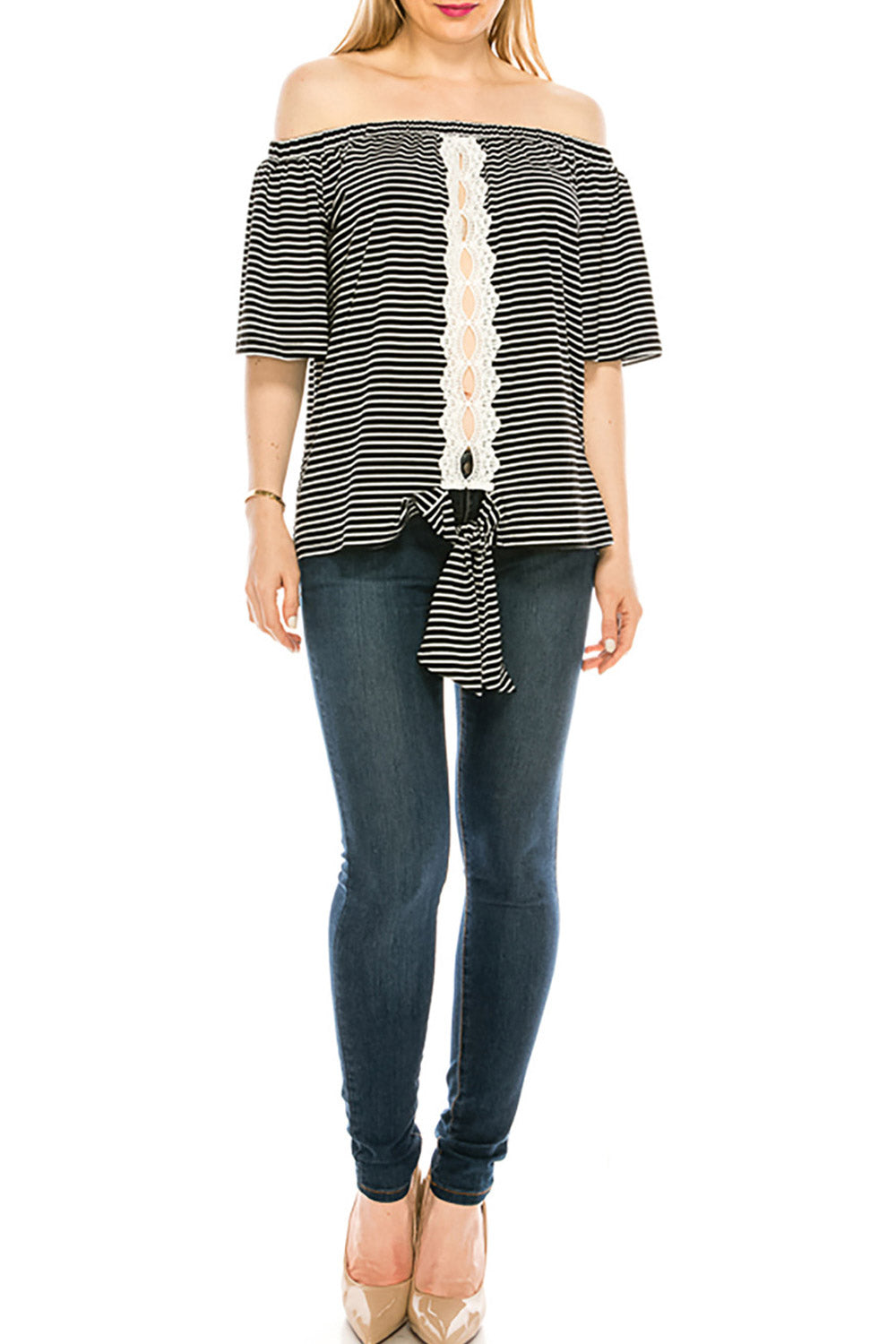 Women Lace Tie Hem Printed Off Neck Blouse