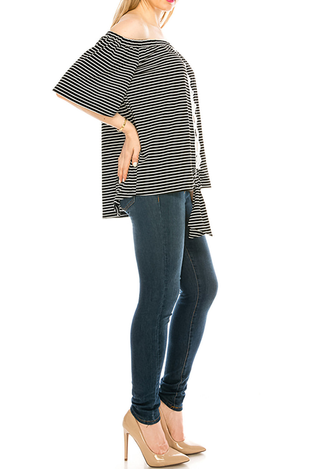 Women Lace Tie Hem Printed Off Neck Blouse