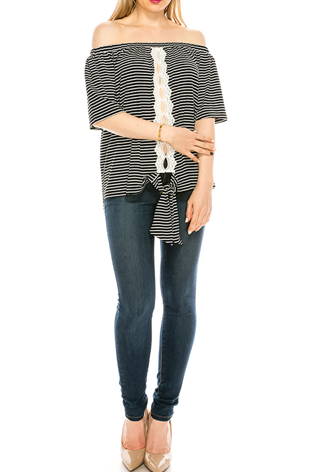 Women Lace Tie Hem Printed Off Neck Blouse