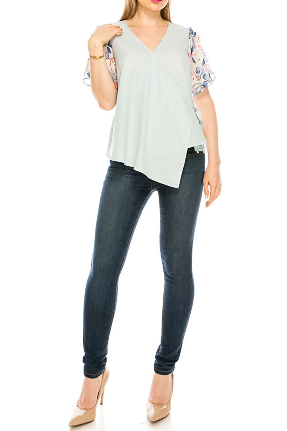 Women Floral Loose V-Neck Irregular Blouse