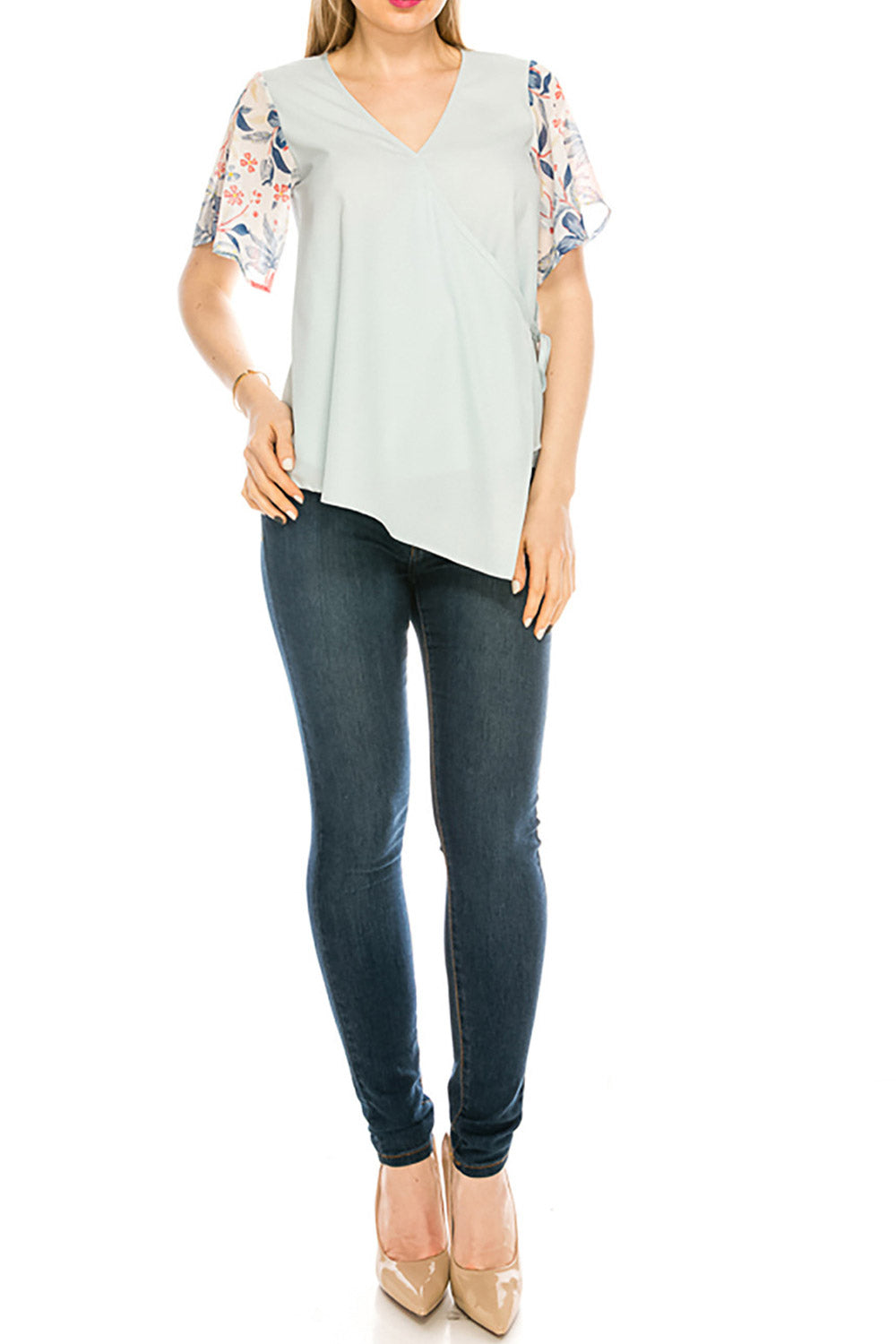 Women Floral Loose V-Neck Irregular Blouse