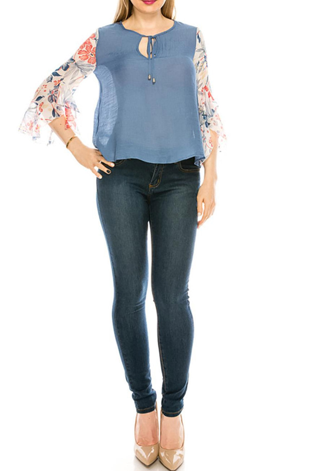 Women Printed Sleeve Strap Neck Loose Blouse