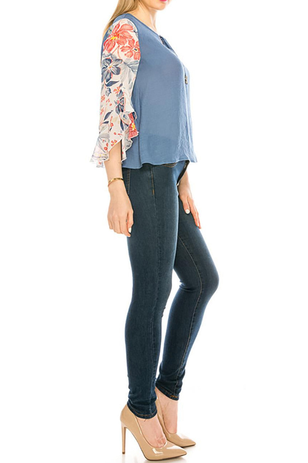 Women Printed Sleeve Strap Neck Loose Blouse