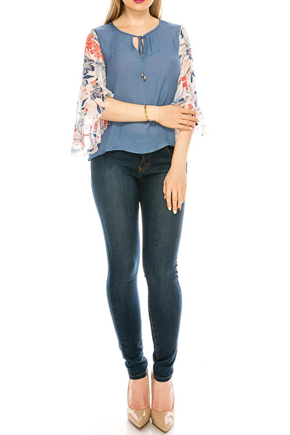 Women Printed Sleeve Strap Neck Loose Blouse