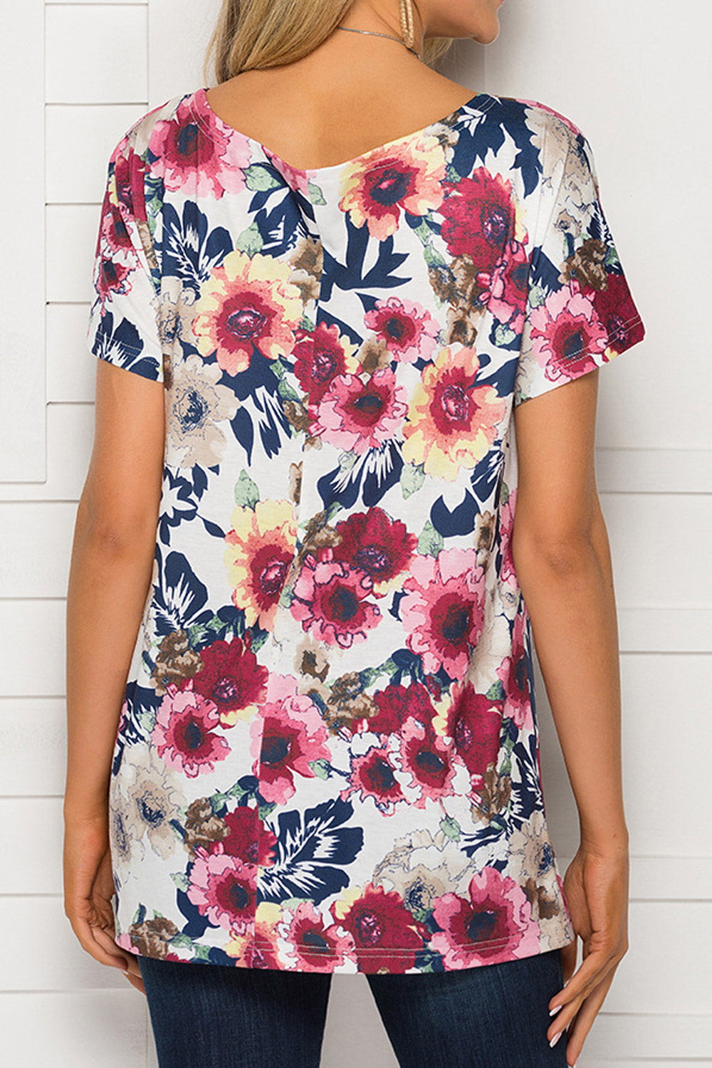 Women Short Sleeve Flower Print Folded Blouse