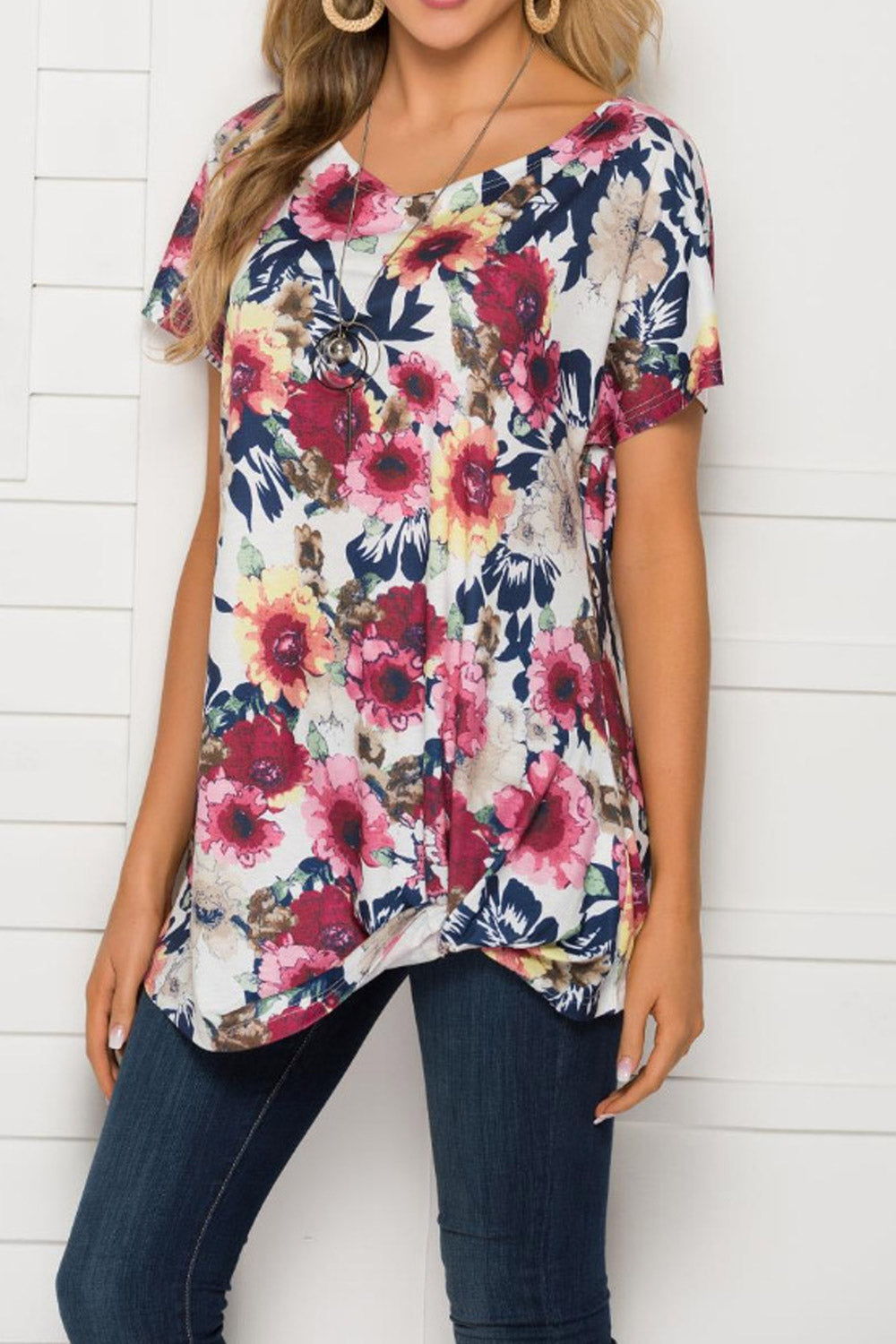 Women Short Sleeve Flower Print Folded Blouse