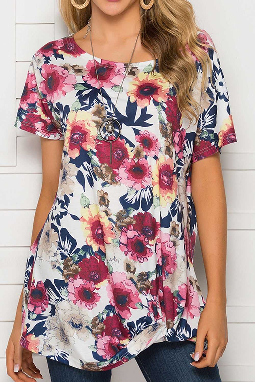 Women Short Sleeve Flower Print Folded Blouse