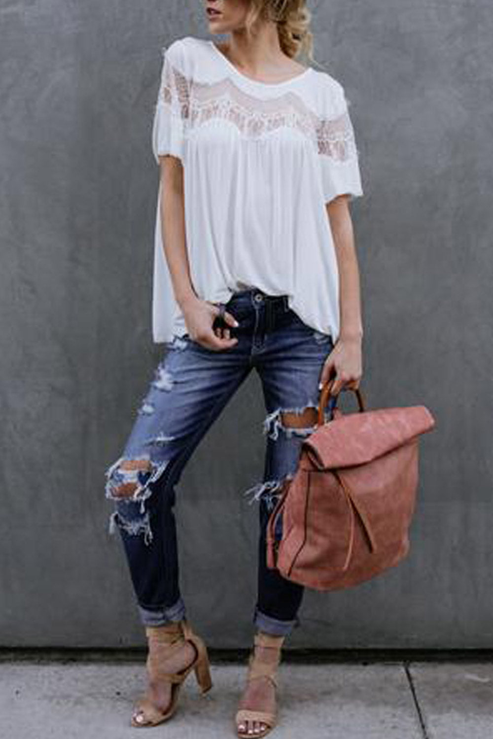 Women Loose Hollow Lace Summer Blouse