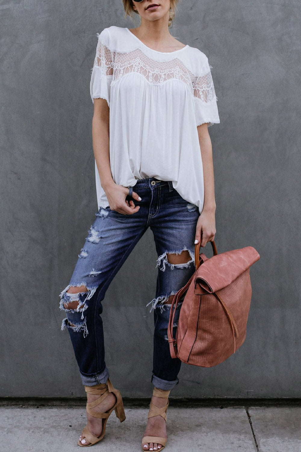 Women Loose Hollow Lace Summer Blouse