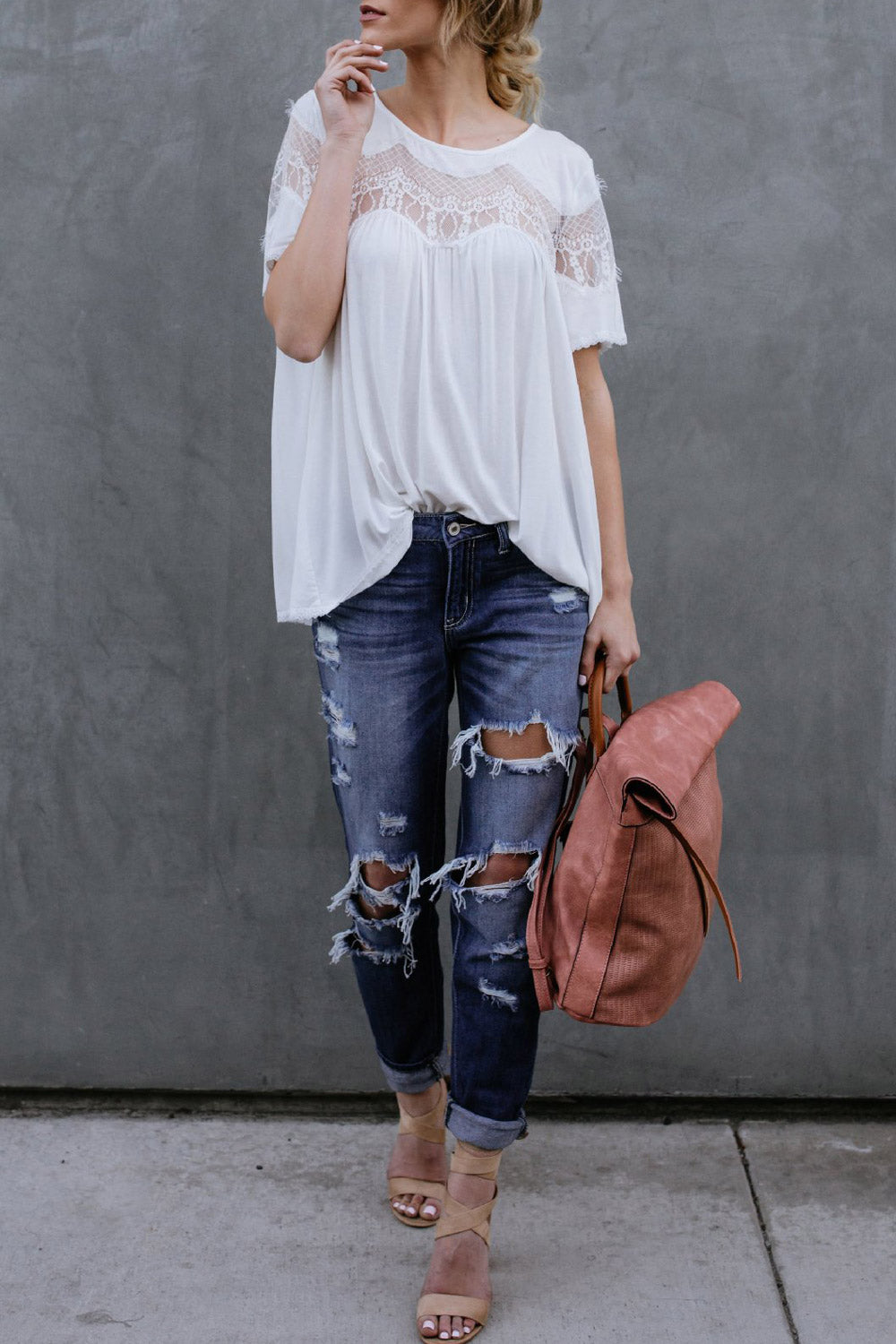 Women Loose Hollow Lace Summer Blouse