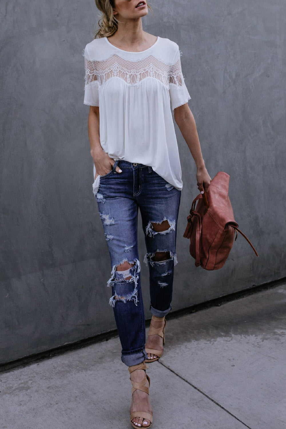 Women Loose Hollow Lace Summer Blouse