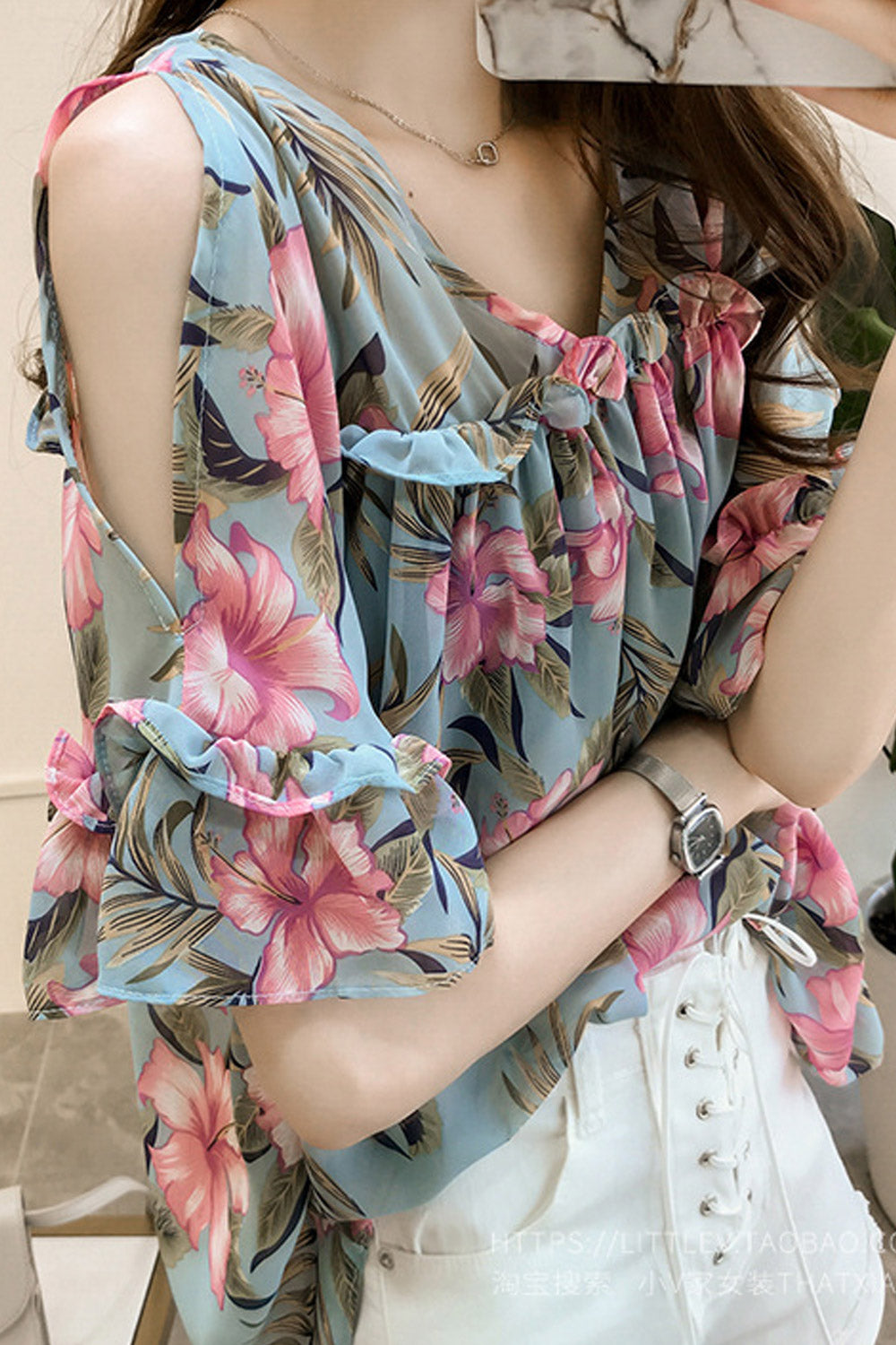 Women Floral Cold Shoulder Chiffon Blouse