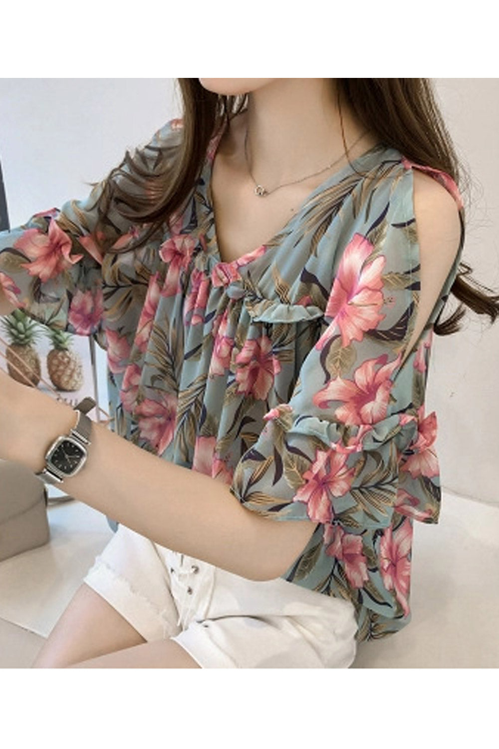 Women Floral Cold Shoulder Chiffon Blouse
