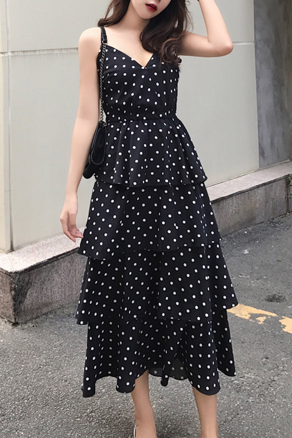 Women Polka Dot Printed Strap Neck Cake Dress