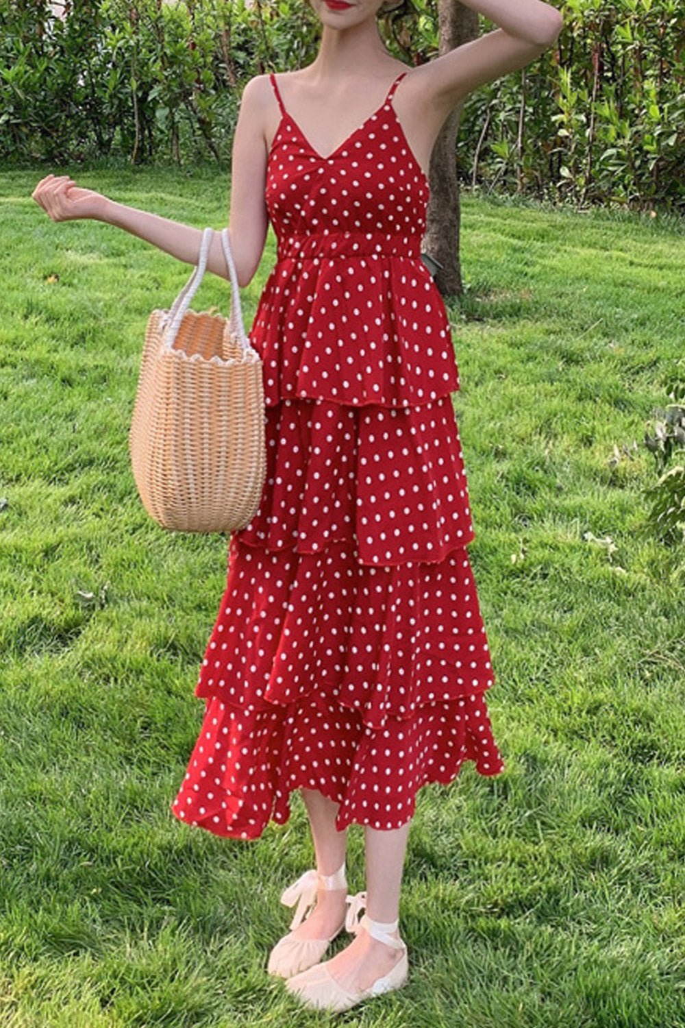 Women Polka Dot Printed Strap Neck Cake Dress