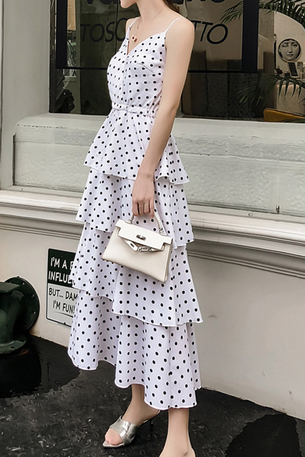 Women Polka Dot Printed Strap Neck Cake Dress