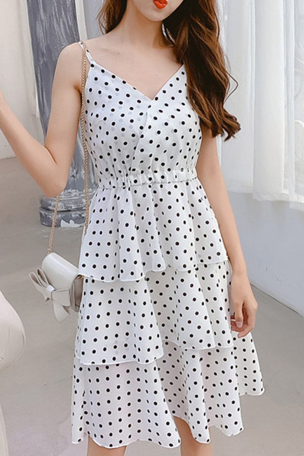 Women Polka Dot Printed Strap Neck Cake Dress