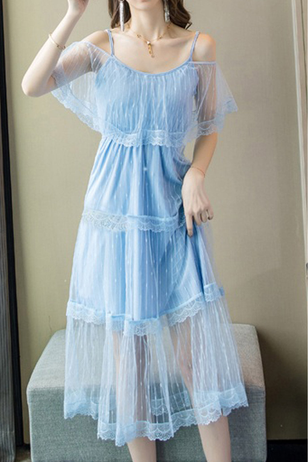 Women Thin Strap Cold Shoulder Mesh Dress