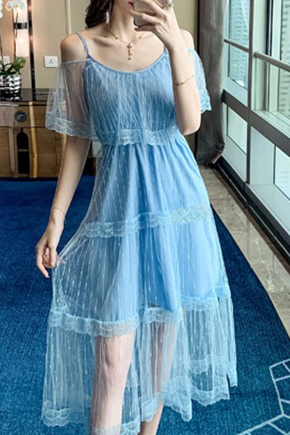 Women Thin Strap Cold Shoulder Mesh Dress