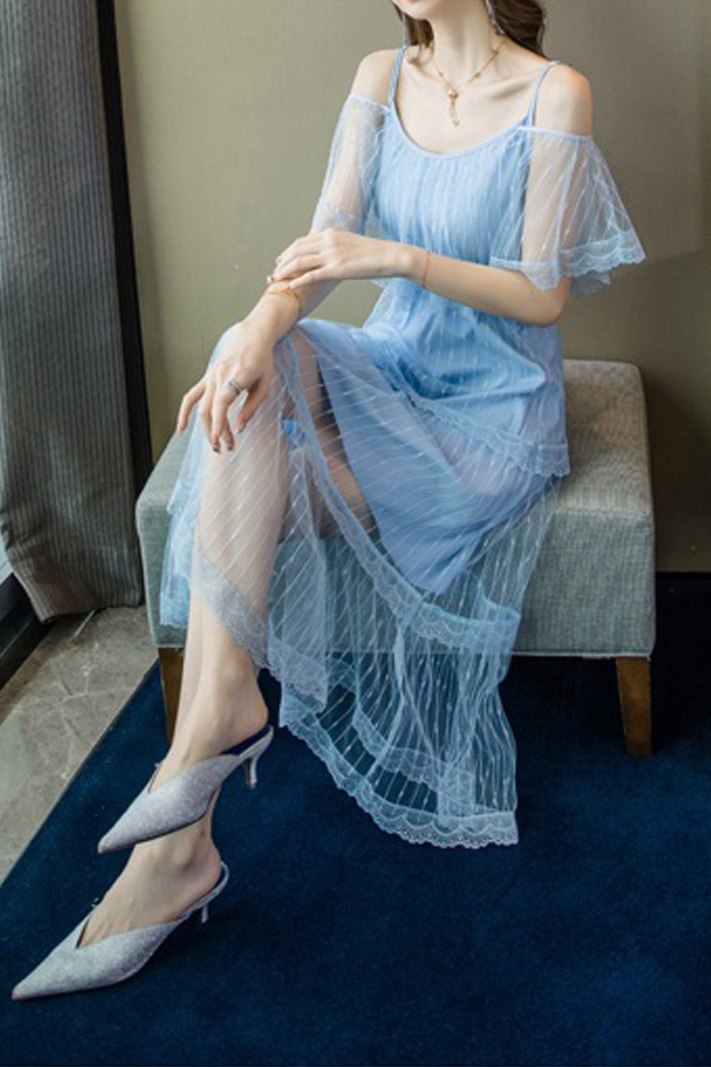 Women Thin Strap Cold Shoulder Mesh Dress