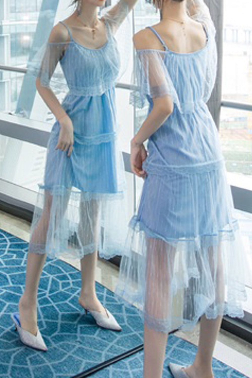 Women Thin Strap Cold Shoulder Mesh Dress