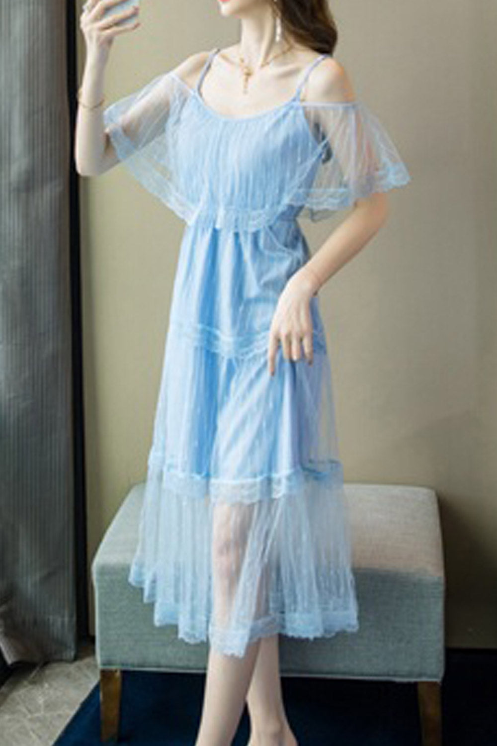 Women Thin Strap Cold Shoulder Mesh Dress