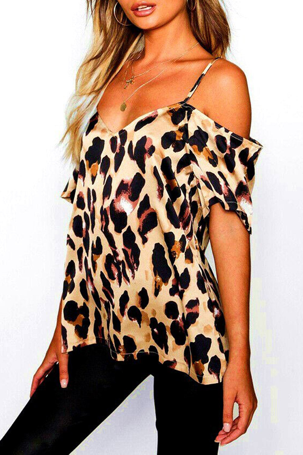 Women Leopard Printed Cold Shoulder Loose Top