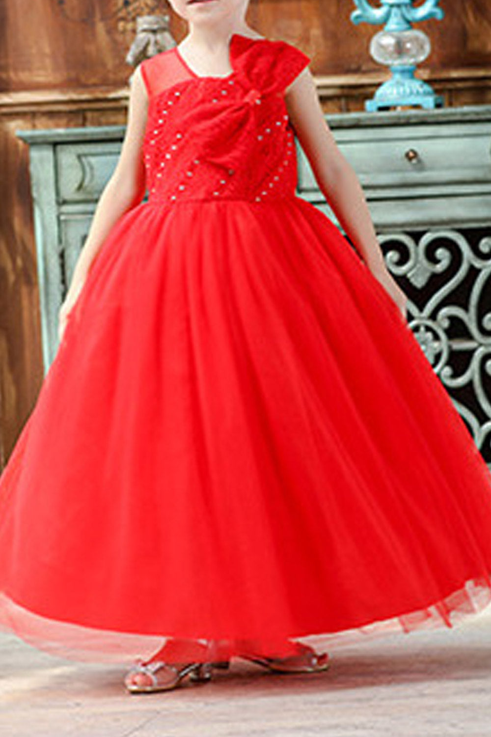 Kisd Girls Cute Crochet Lace Big Bow Mesh Dress