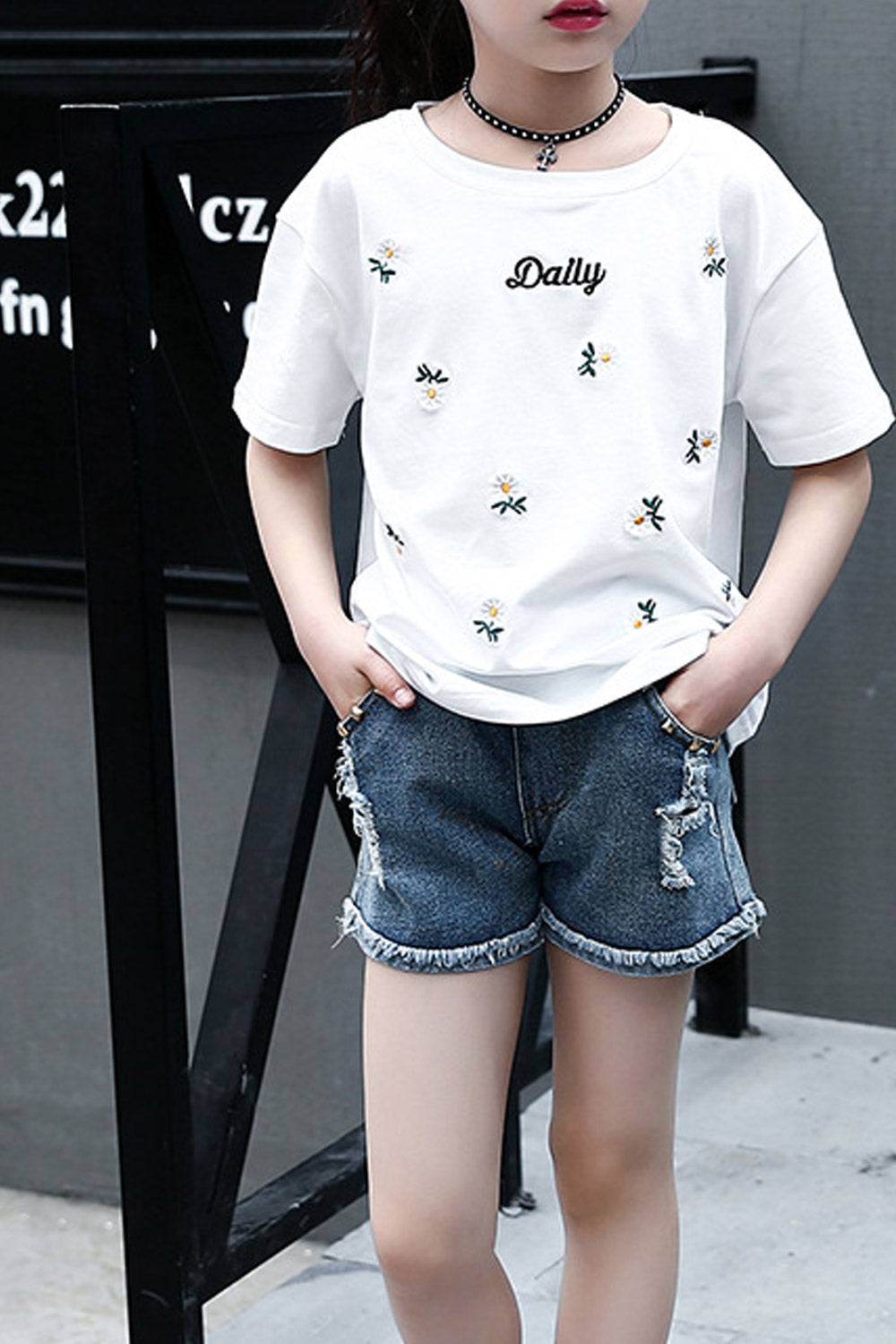 Kids Girls Summer Embroidered Loose T-Shirt