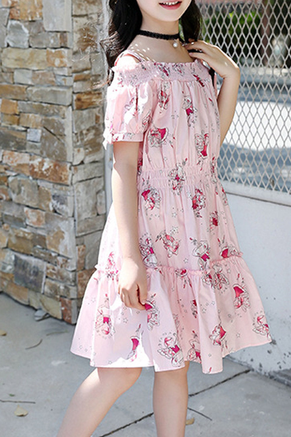 Kids Girls Bow Sleeve Elasticated Cold Shoulder Dress