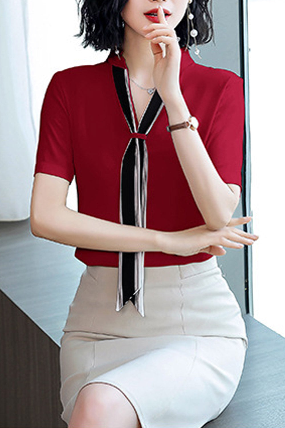 Women Collar Tie Short Sleeve Chiffon Shirt