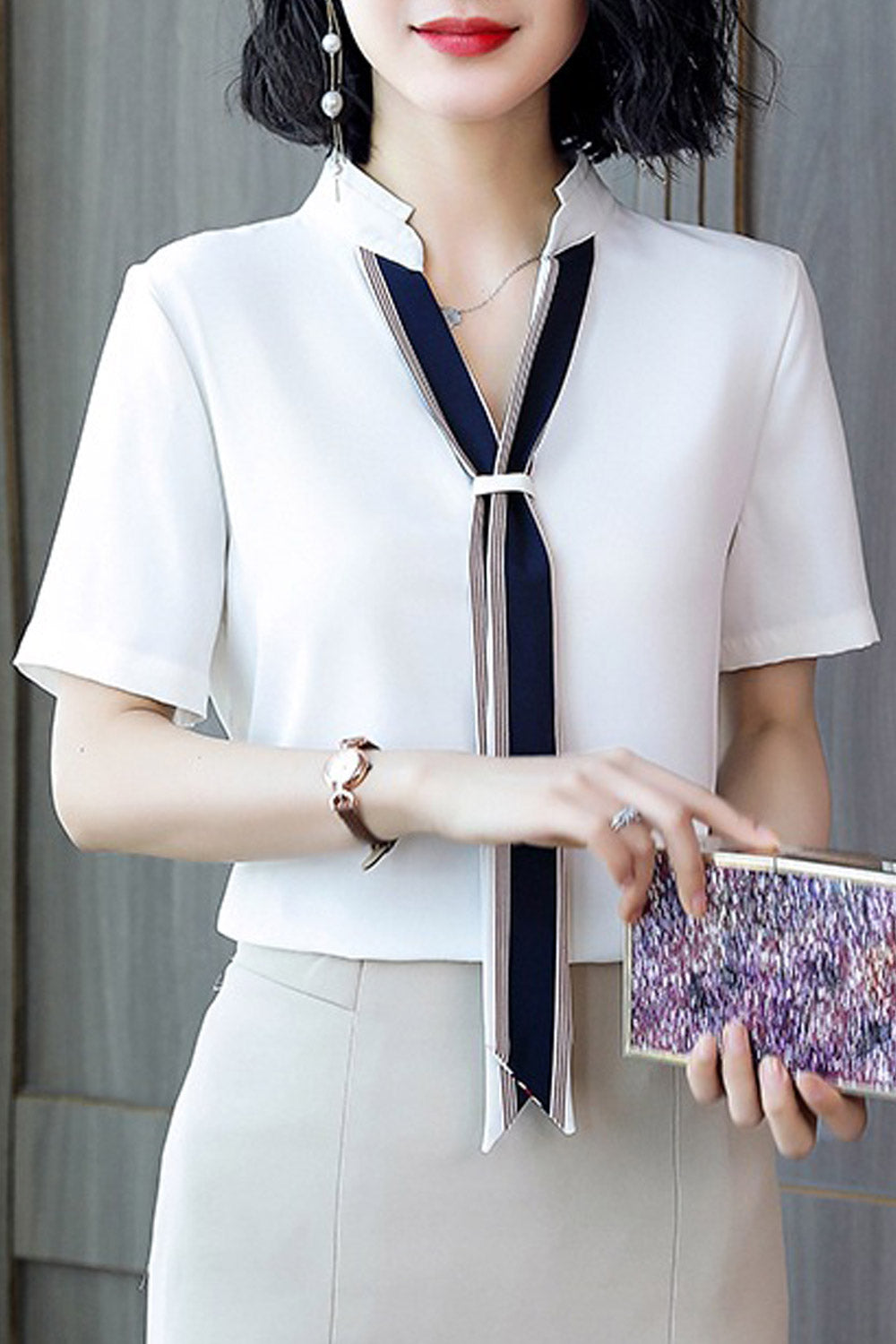 Women Collar Tie Short Sleeve Chiffon Shirt