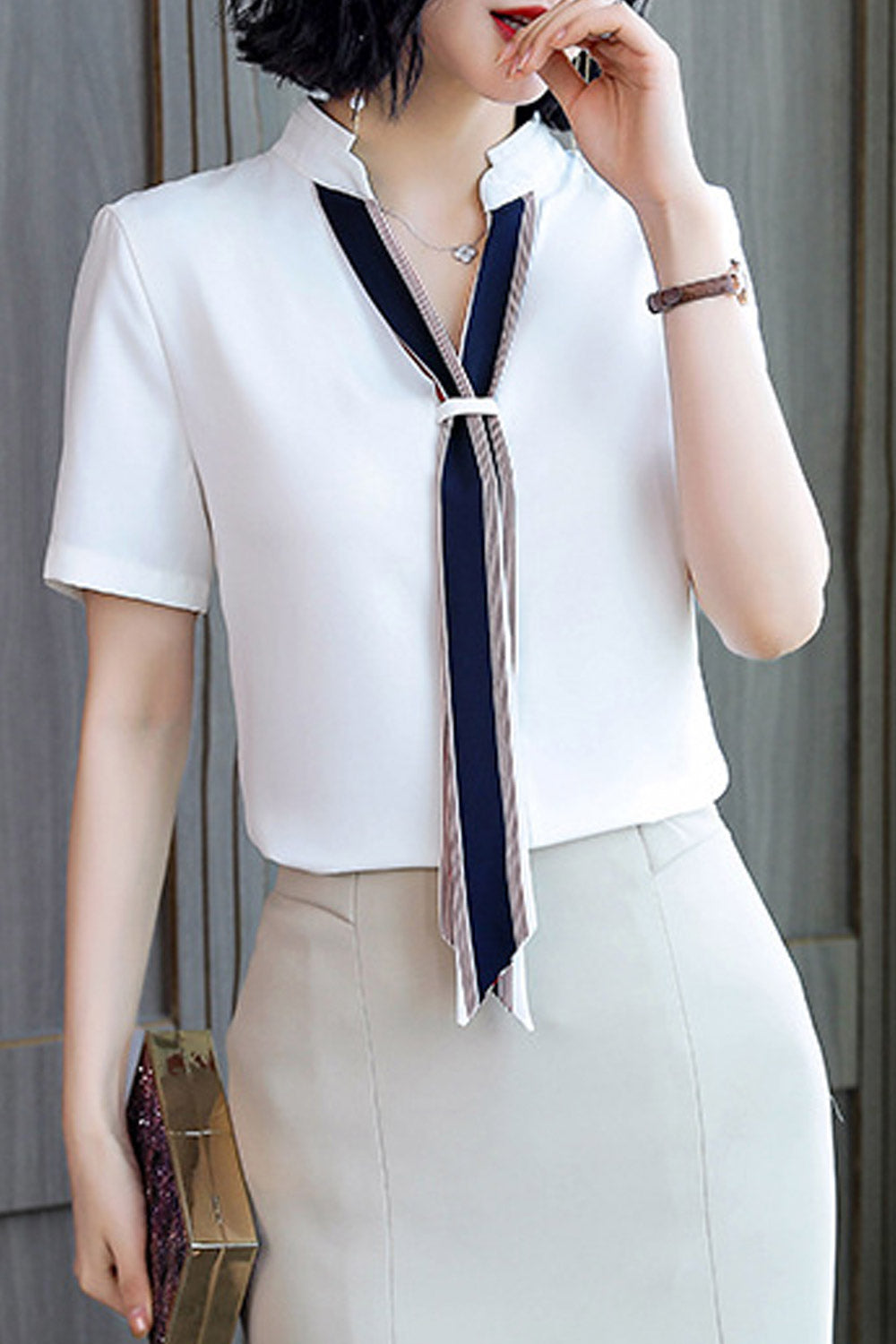 Women Collar Tie Short Sleeve Chiffon Shirt
