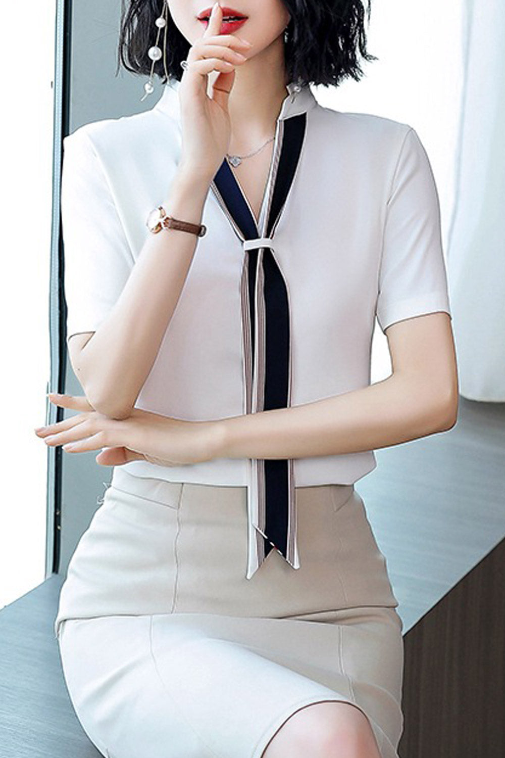 Women Collar Tie Short Sleeve Chiffon Shirt