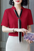 Women Collar Tie Short Sleeve Chiffon Shirt