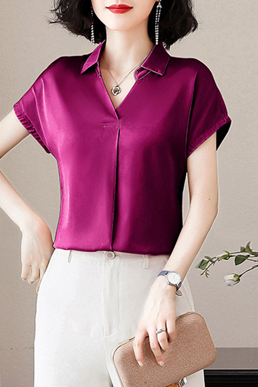 Women Fashion Collar Neck Silky Shirt