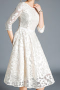 Women Beautiful Lace Pattern Easy Round Neck Short Sleeve Mid-Length Summer Weekend Dress