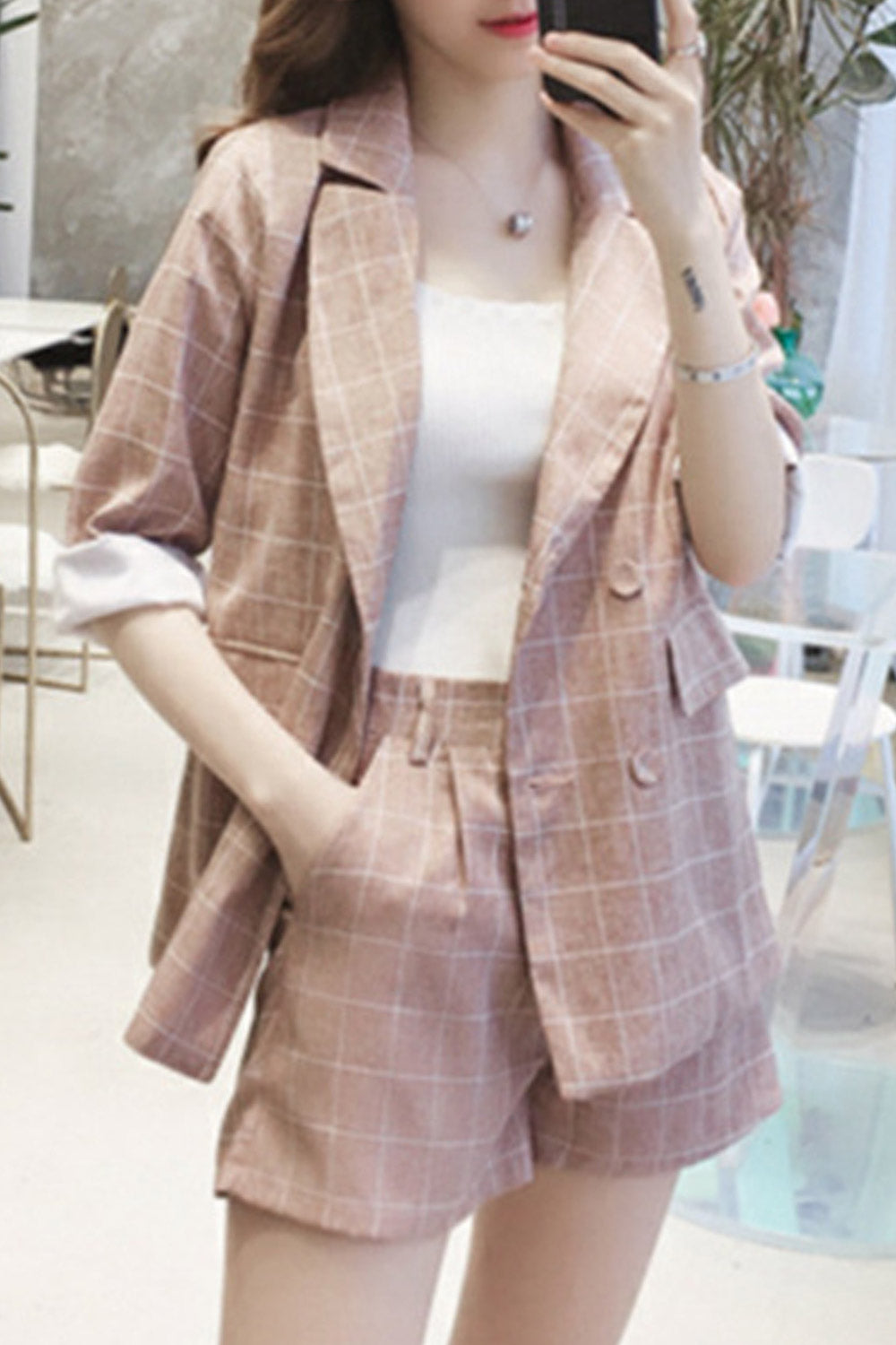 Women Summer Fashion Plaid Two Piece Suit