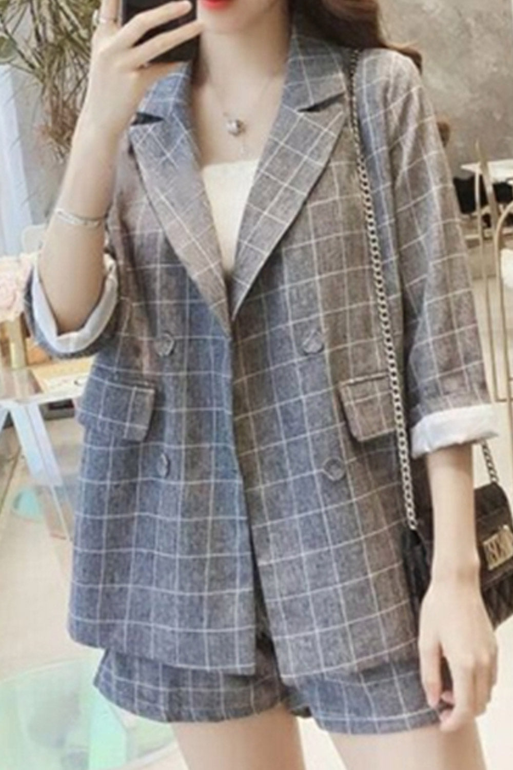 Women Summer Fashion Plaid Two Piece Suit