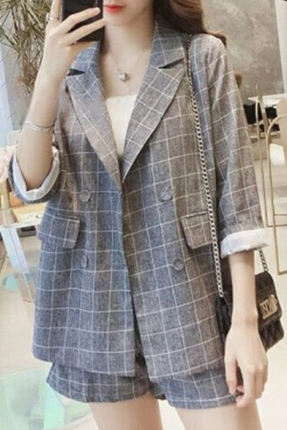 Women Summer Fashion Plaid Two Piece Suit