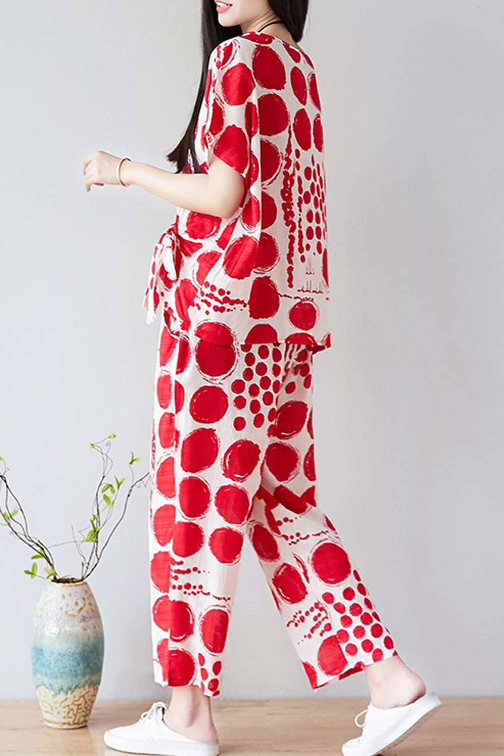 Women Big Dots Loose Fit Two Piece Summer Suit