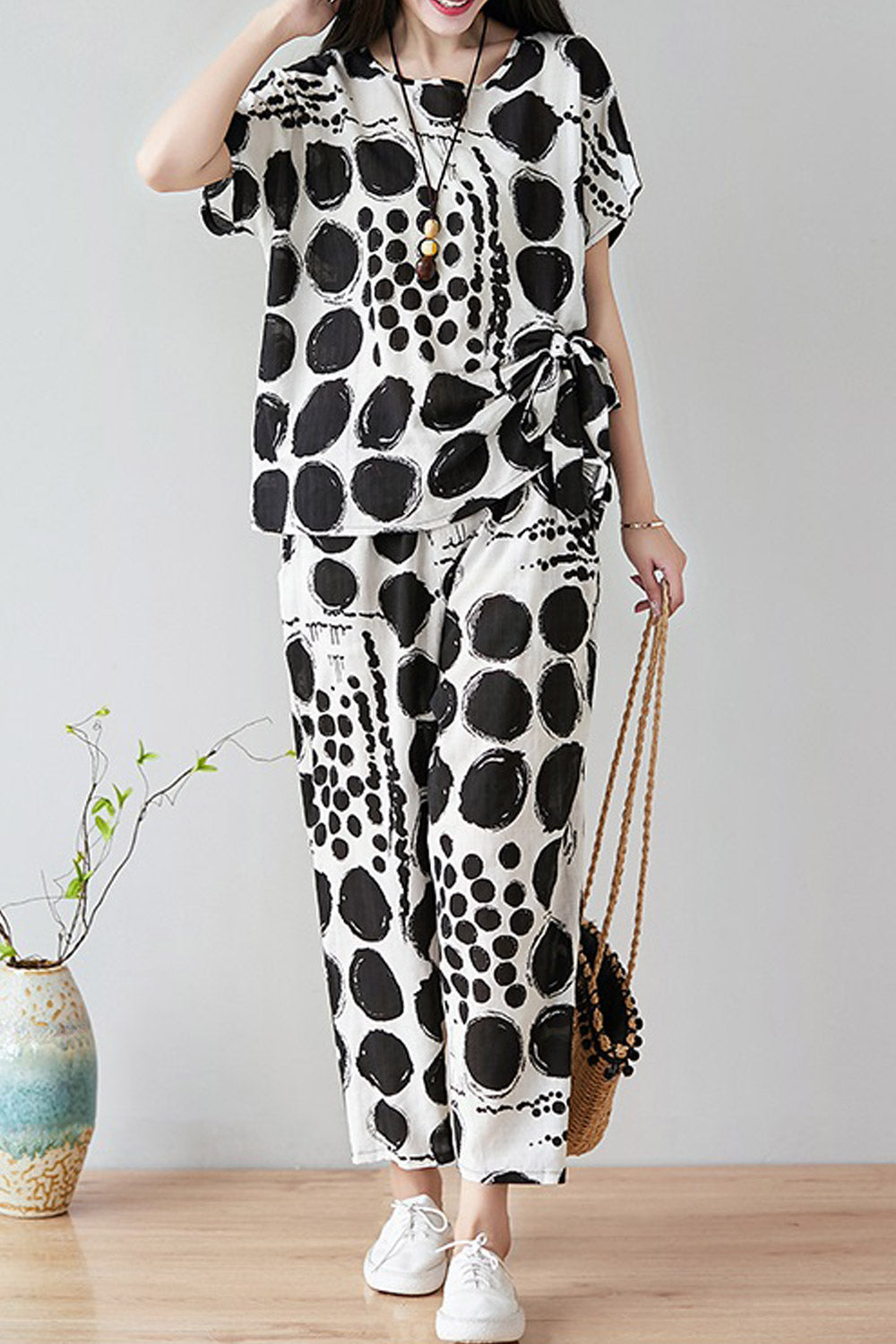 Women Big Dots Loose Fit Two Piece Summer Suit